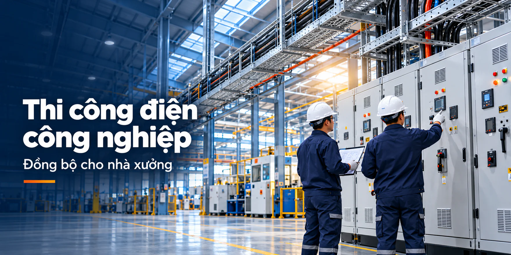 Thi công điện công nghiệp. Đồng bộ cho nhà xưởng. Kỹ thuật viên kiểm tra hệ thống tủ điện và máng cáp.
